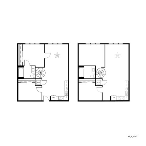 A floor plan of a building with two identical sections side by side.